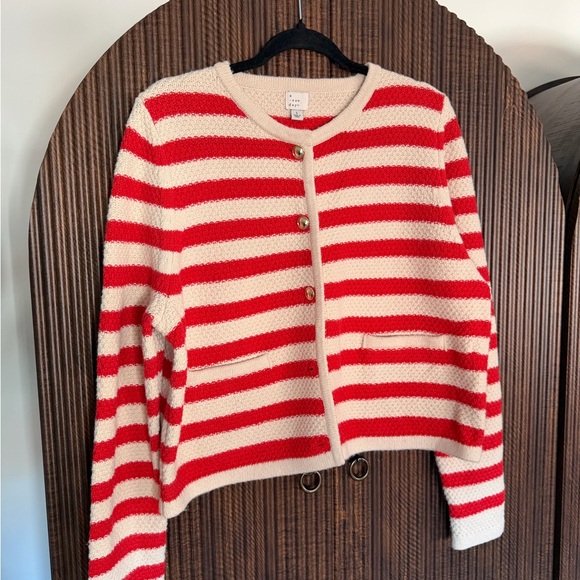 a new day Sweaters - a new day Red and Cream Striped Cardigan